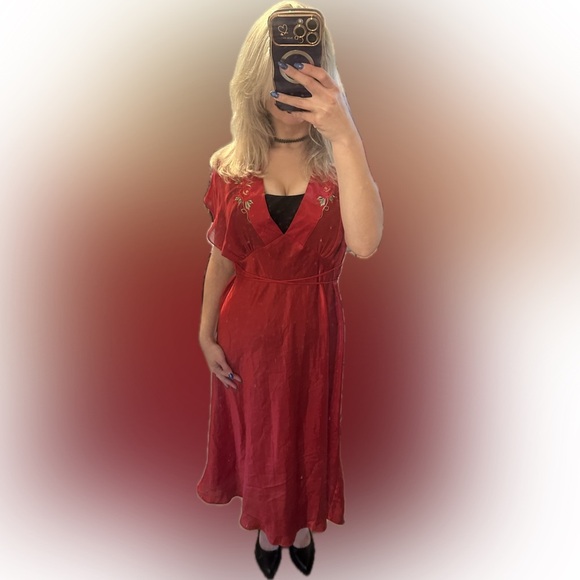 Vintage Y2K Delicates Vibrant Red Slip Dress with Rose Embroidery Large - Picture 7 of 7